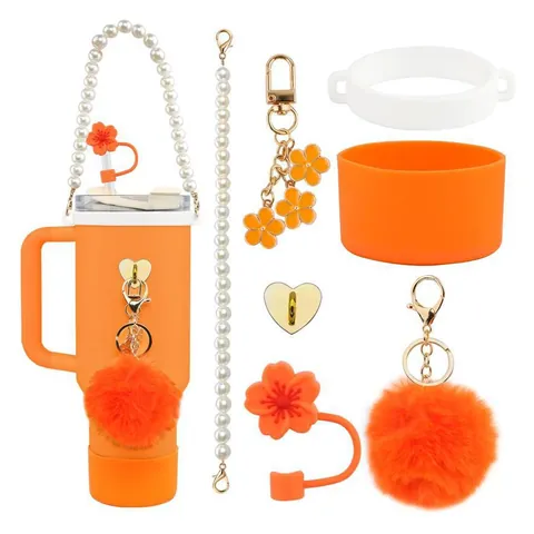 Silicone Boot Pearl Handle Pom Pom Keychain Flower Straw Cover Heart Hook Accessories Compatible With Stanley Cup Tumbler
