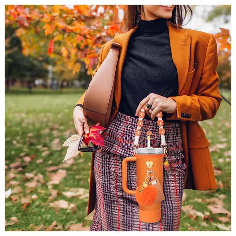 Orange Tumbler Accessory Set For 40oz Bottle Maple Leaf Straw Cover Silicone Boot Flower Strap Heart Charm Pompom Keychain