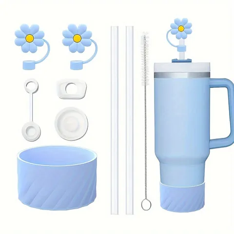 Ensemble d'Accessoires pour Gobelet en Acier Inoxydable avec Couvercle de Paille en Silicone Bouchon Anti-Fuite Botte de Fond Brosse