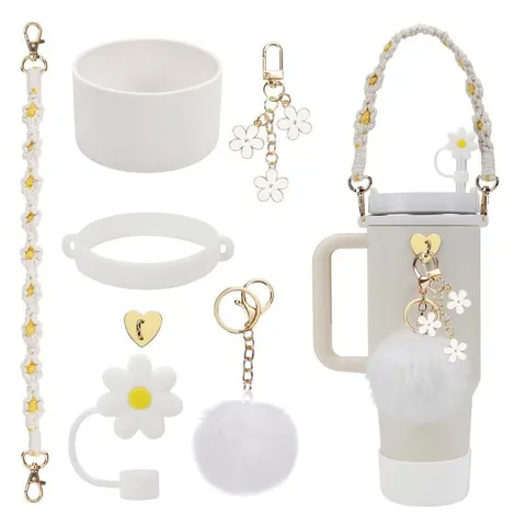 Water Bottle Accessories Collection Silicone Boot Woven Handle Daisy Straw Cover Heart Charm Keychain For Women Girls