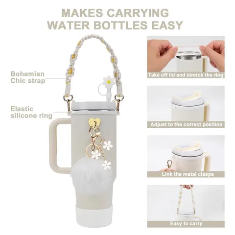 Water Bottle Accessories Collection Silicone Boot Woven Handle Daisy Straw Cover Heart Charm Keychain For Women Girls