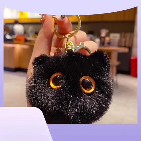 Cute Rex Rabbit Fur Cat Plush Ball Keychain For Women Backpack Charm Fluffy Big Eyes Soot Sprite Animal Pendant Gift