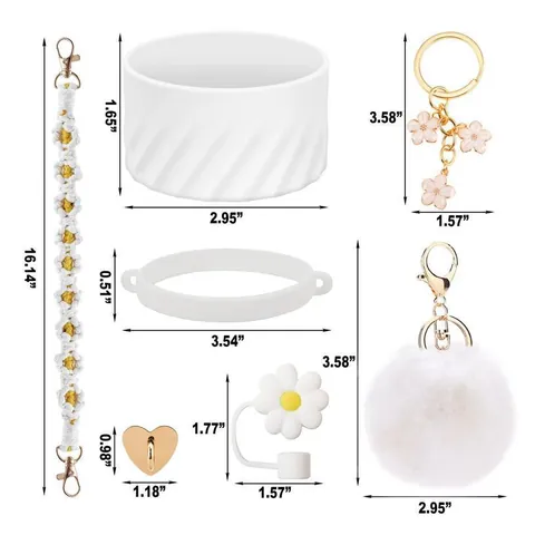 Set Accessori per Bicchiere Floreale Copertura Protettiva in Silicone Copri Cannuccia Cordino Intrecciato Ciondolo a Cuore Portachiavi Pompon Regalo Donna