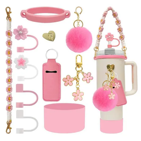 Stanley Cup Accessories Flower Woven Strap Silicone Boot Straw Cover Heart Charm Pom Pom Keychain Lip Balm Holder For Tumbler