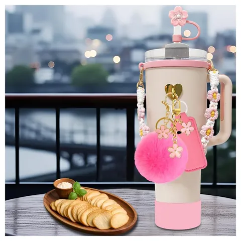 Stanley Cup Accessories Flower Woven Strap Silicone Boot Straw Cover Heart Charm Pom Pom Keychain Lip Balm Holder For Tumbler