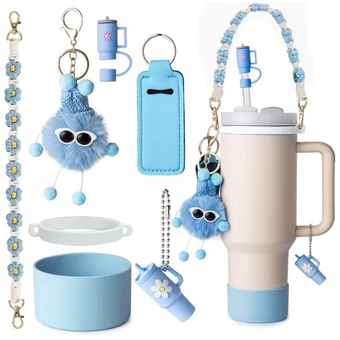 Siliconen Rietje Cover Bekerhoes Handgemaakte Gehaakte Madeliefje Lanyard Pluche Monster Sleutelhanger Lippenbalsem Houder