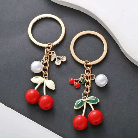 Llavero de Cereza de Esmalte Lindo Con Perla Artificial de Imitación Colgante de Bolso de Aleación Resina Fruta para Mujeres Niñas Accesorio de Joyería de Moda