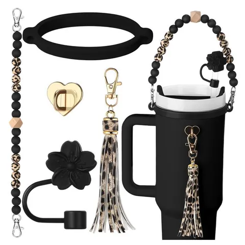 Silicone Tumbler Accessory Kit Beaded Strap Tassel Floral Straw Cover Cup Boot For Water Bottle Women Decor Gift