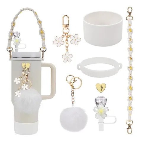 Cup Accessory Set For Handle Tumbler With Woven Strap Silicone Boot Flower Straw Cover Letter Pendant Heart Charm Pom Pom Decor