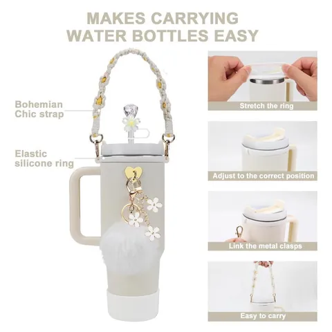 Cup Accessory Set For Handle Tumbler With Woven Strap Silicone Boot Flower Straw Cover Letter Pendant Heart Charm Pom Pom Decor