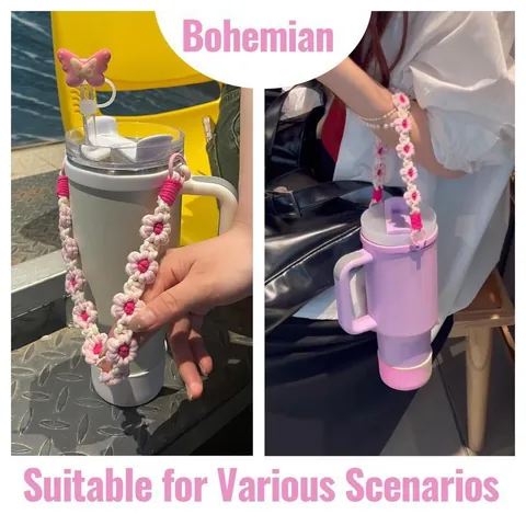 Flower Woven Handle Strap Silicone Straw Cover Cup Boot For Large Tumbler Stanley Accessories Bohemian Crochet Decoration