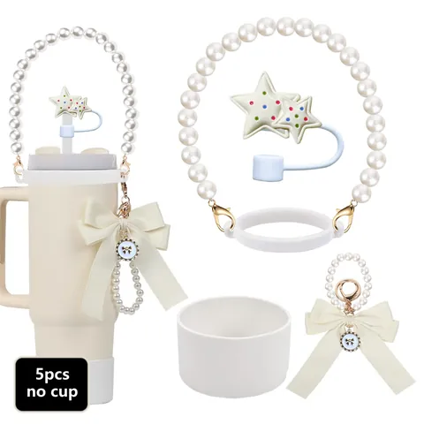 Silicone Cup Boot With Pearl Handle Chain Straw Cover Bow Pendant Charm For Water Bottle Decoration Sweet Cup Accessories