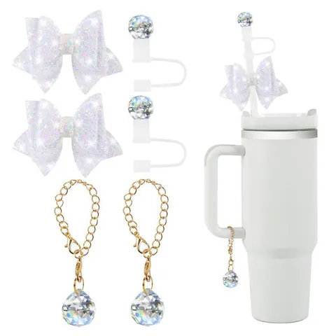 Glitter Butterfly Bow Straw Cover Cap With Crystal Ball Pendant Charm Chain Decorative Cup Accessories For Tumbler DIY