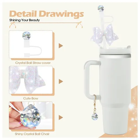 Glitter Butterfly Bow Straw Cover Cap With Crystal Ball Pendant Charm Chain Decorative Cup Accessories For Tumbler DIY