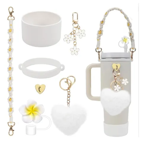 Tumbler Accessories Set For 40oz 30oz Cups Silicone Boot Straw Cover Braided Strap Flower Charms Heart Plush Keychain Gift For Women Girls