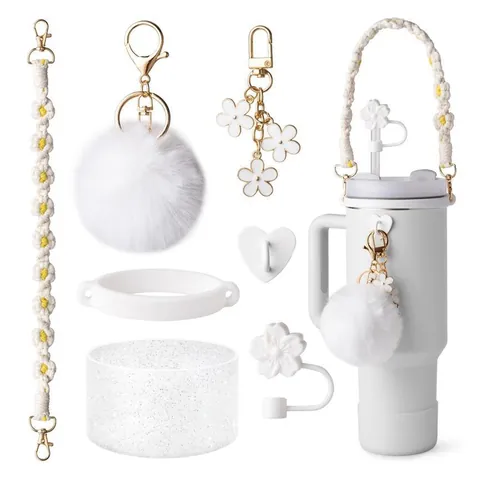 Tumbler Accessories Kit For Stanley Cup Model 40 30 Braided Daisy Strap Silicone Boot Straw Cover Pom Pom Charm Tumbler Decorations