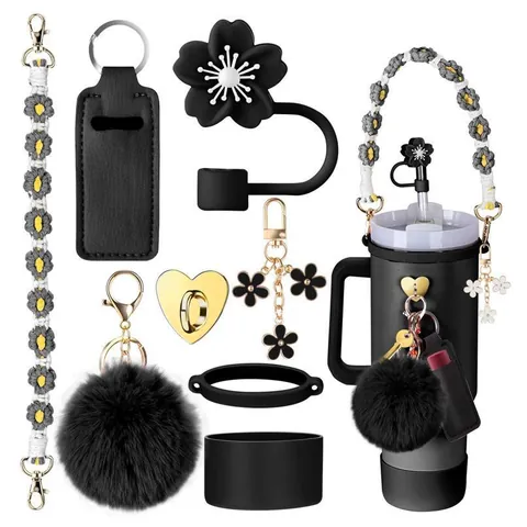 Tumbler Accessory Set Including Silicone Boot Straw Cover Braided Lanyard Pom Pom Heart Keychain Tumbler Handle Decoration