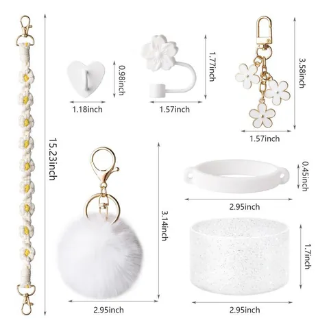 Tumbler Accessories Kit For Stanley Cup Model 40 30 Braided Daisy Strap Silicone Boot Straw Cover Pom Pom Charm Tumbler Decorations