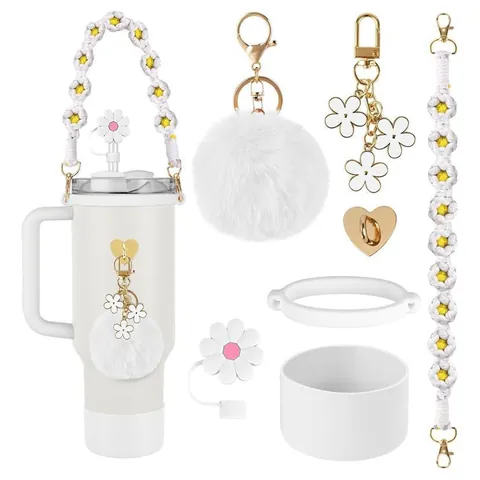 Set Accessori per Bicchiere di Lusso Con Cinturino Intrecciato Stivale in Silicone Copertura per Cannuccia Ciondolo a Margherita Pompon Ciondolo Alfabeto