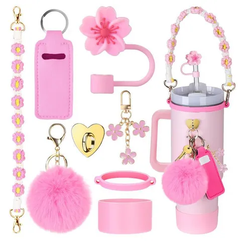 Flower Water Cup Accessories Set Silicone Boot Straw Cover Pompom Keychain Lip Balm Holder For Handle Tumbler Decoration