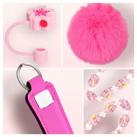 Flower Water Cup Accessories Set Silicone Boot Straw Cover Pompom Keychain Lip Balm Holder For Handle Tumbler Decoration