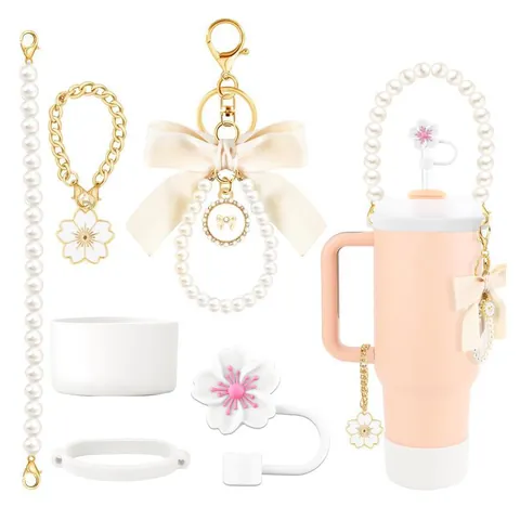 Cherry Blossom Tumbler Accessories Set Pink White Silicone Straw Cover Pearl Chain Bottom Boot Handle Wrap Flower Charms Decor For Large Capacity Cup