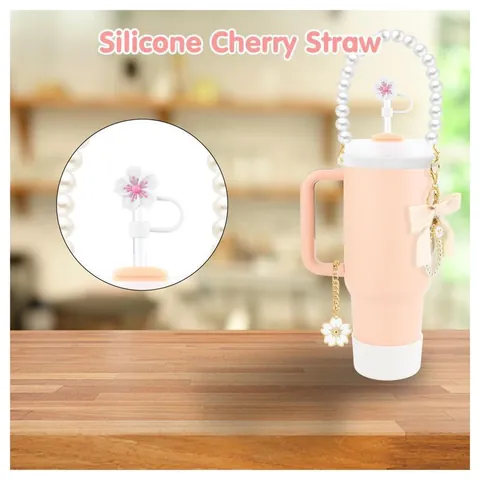 Cherry Blossom Tumbler Accessories Set Pink White Silicone Straw Cover Pearl Chain Bottom Boot Handle Wrap Flower Charms Decor For Large Capacity Cup