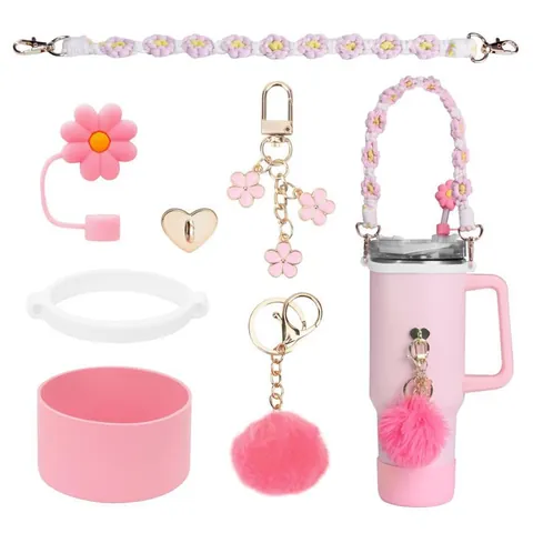 Decoración de Accesorios para Botellas de Agua de Flores Rosas Con Correa Tejida Bota de Silicona Cubierta de Pajita Joyería