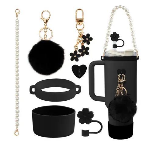 Silicone Water Bottle Accessory Set Protective Boot Faux Pearl Chain Handle Flower Straw Cover Pompom Keychain Decoration
