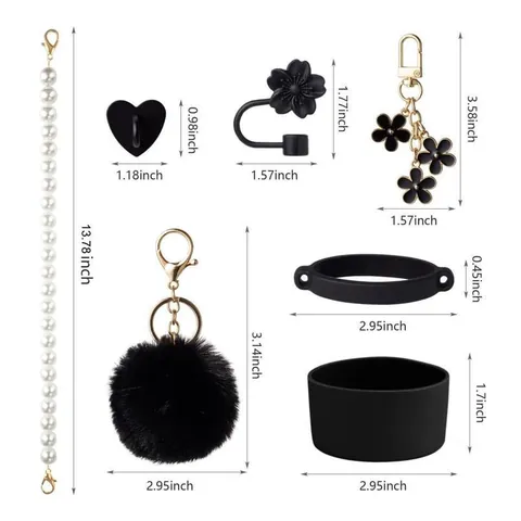 Silicone Water Bottle Accessory Set Protective Boot Faux Pearl Chain Handle Flower Straw Cover Pompom Keychain Decoration