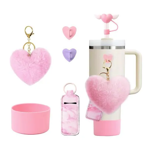 Hart Beker Accessoires Compatibel Met 40oz Fles Siliconen Bekerlaars Rietje Cover Pluche Sleutelhanger Lippenstift Houder Bedels
