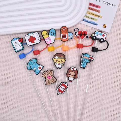 Medical Doctor Nurse Series Straw Topper PVC Soft Glue Dustproof Reusable Straw Cap For Drinking Cups Accessories Figures Shapes