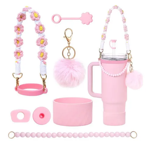 Ensemble d'Accessoires de Gobelet Isolé en Acier Inoxydable Avec Cordon de Fleurs Tissé Porte-clés Boule en Peluche Couvercle de Paille en Silicone pour Voyage en Extérieur