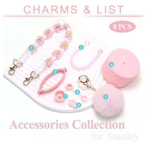 Ensemble d'Accessoires de Gobelet Isolé en Acier Inoxydable Avec Cordon de Fleurs Tissé Porte-clés Boule en Peluche Couvercle de Paille en Silicone pour Voyage en Extérieur