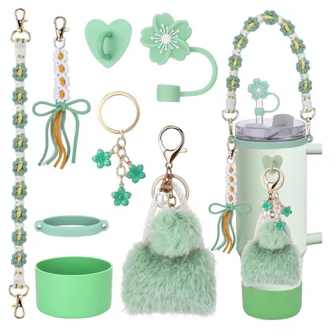 Cup Accessory Set With Silicone Boot Straw Cover Braided Strap Pompom Keychain For Insulated Tumbler Decoration Women Gift