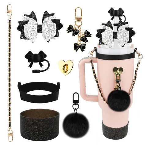 Fashion Tumbler Accessory Set Includes Silicone Boot Straw Cover Bow Charm Metal Chain Fur Ball Pendant Water Cup Decoration Kit For Women Girls