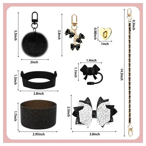Fashion Tumbler Accessory Set Includes Silicone Boot Straw Cover Bow Charm Metal Chain Fur Ball Pendant Water Cup Decoration Kit For Women Girls