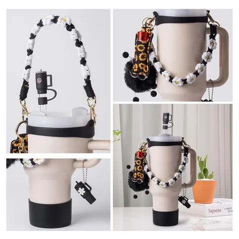 DIY Tumbler Accessory Kit For Stanley 40oz Cup With Silicone Boot Straw Cover Woven Lanyard Plush Charm Women Decoration Gift