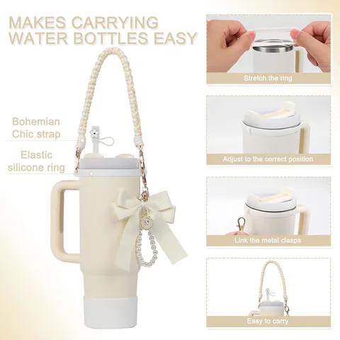 Elegante Plastic Bekerhoes Geweven Handvat Riem Met Kunstparel Strik Sleutelhanger Bloemen Rietje Cover Voor Geïsoleerde Waterfles Decoratieve Accessoire