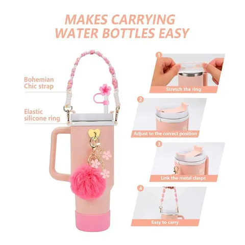 Floral Woven Strap Tumbler Accessories Silicone Boot Straw Cover Pom-pom Charm Decoration For 40oz Water Bottle Handle Tumbler