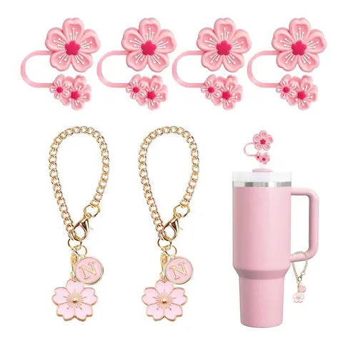 Σιλικόνη Κάλυμμα Καλαμιού Sakura Αλυσίδα Με Γράμμα Για Αξεσουάρ Μεγάλου Ποτηριού Λουλουδάτη Διακόσμηση Γυναικείο Δώρο