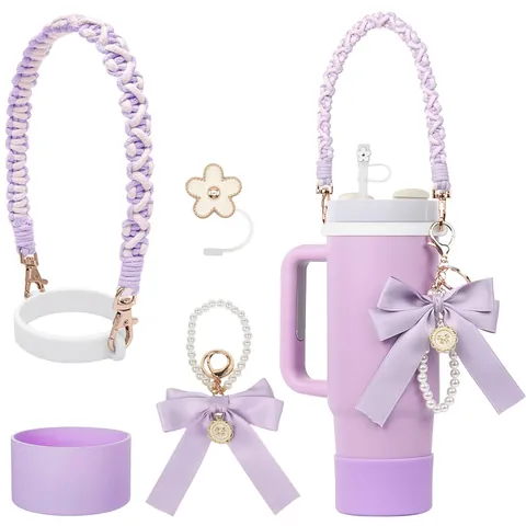 Water Bottle Accessories Compatible With Stanley 40oz Tumbler Silicone Boot Braided Handle Rope Straw Cover Bow Pearl Keychain Decor