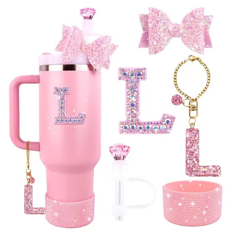 Pink Tumbler Accessories Set With Glitter Bow Rhinestone Letter Initial Charm Silicone Boot Straw Cover Cup Decorations Gift For Women