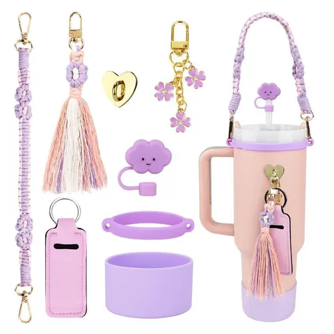 Roze Paars Waterfles Accessoires Voor Stanley Tumbler Siliconen Boot Wolk Rietje Cover Gevlochten Riem Charm Lippenstift Houder Zoet Vrouwen Decor