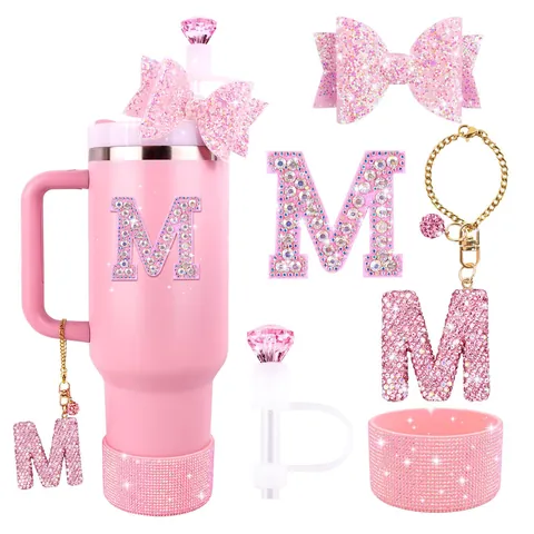 Pink Tumbler Accessories Set With Glitter Bow Rhinestone Letter Initial Charm Silicone Boot Straw Cover Cup Decorations Gift For Women