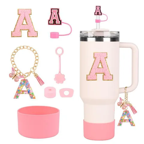 Large Capacity Insulated Tumbler Accessories Set With Alphabet Letter Patch Straw Cover Silicone Boot Butterfly Charm Pink Mug