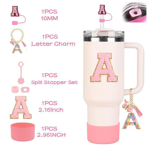 Large Capacity Insulated Tumbler Accessories Set With Alphabet Letter Patch Straw Cover Silicone Boot Butterfly Charm Pink Mug