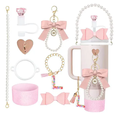 Pink Tumbler Accessories With Silicone Boot Straw Cover Artificial Pearl Chain Alphabet Letter Charm Heart Bowknot Decoration Girly Gift