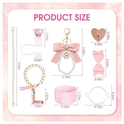 Pink Tumbler Accessories With Silicone Boot Straw Cover Artificial Pearl Chain Alphabet Letter Charm Heart Bowknot Decoration Girly Gift