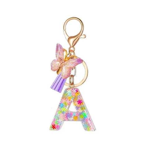 Resin Initial Letter Keychain With Butterfly Tassel Glitter Snowflake Sequin Alphabet Keyring For Women Girl Bag Pendant